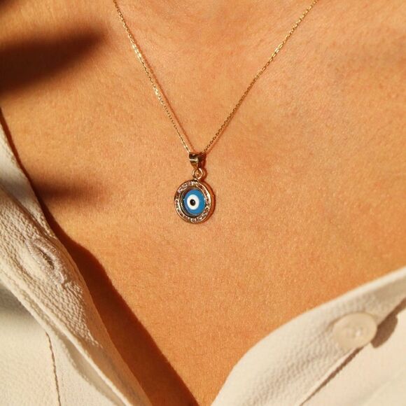 14k Solid Gold Evil Eye Charm | Real Gold Evil Eye Pendant | Birthday Gift | - Picture 2 of 10